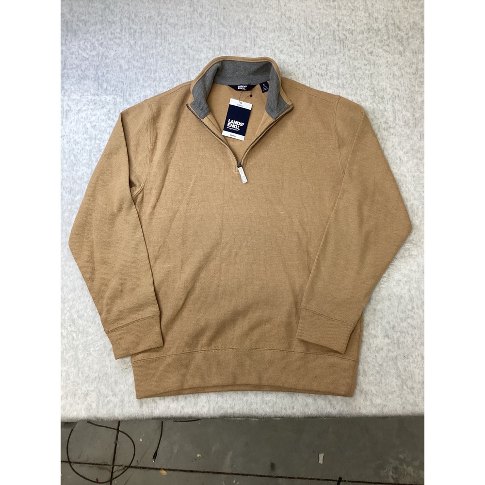 Lands End Mens Small Quarter Zip Pullover Sweater Camel Tan Cotton Blend NWT